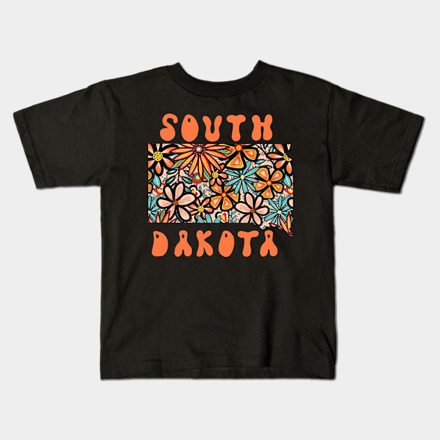 South Dakota State Design | Artist Designed Illustration Featuring South Dakota State Filled With Retro Flowers with Retro Hand-Lettering Kids T-Shirt by MarcyBrennanArt